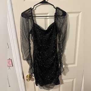 SHEIN Sparkly Black Bodycon Dress w/Sheer Sparkly Sleeves